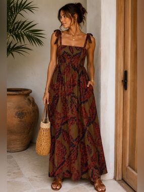 TNS Cotton Tropical Botanical Tie Strap Maxi Dress Brown Rust XS